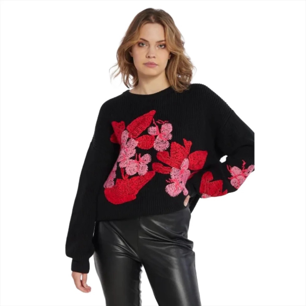 Black Sweater with Red Floral Embroidery - Desigual - Size XS